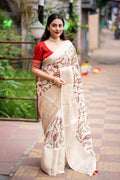White Jute Silk Ethnic Motifs Saree with Unstitched Blouse - A2M | Grocsy