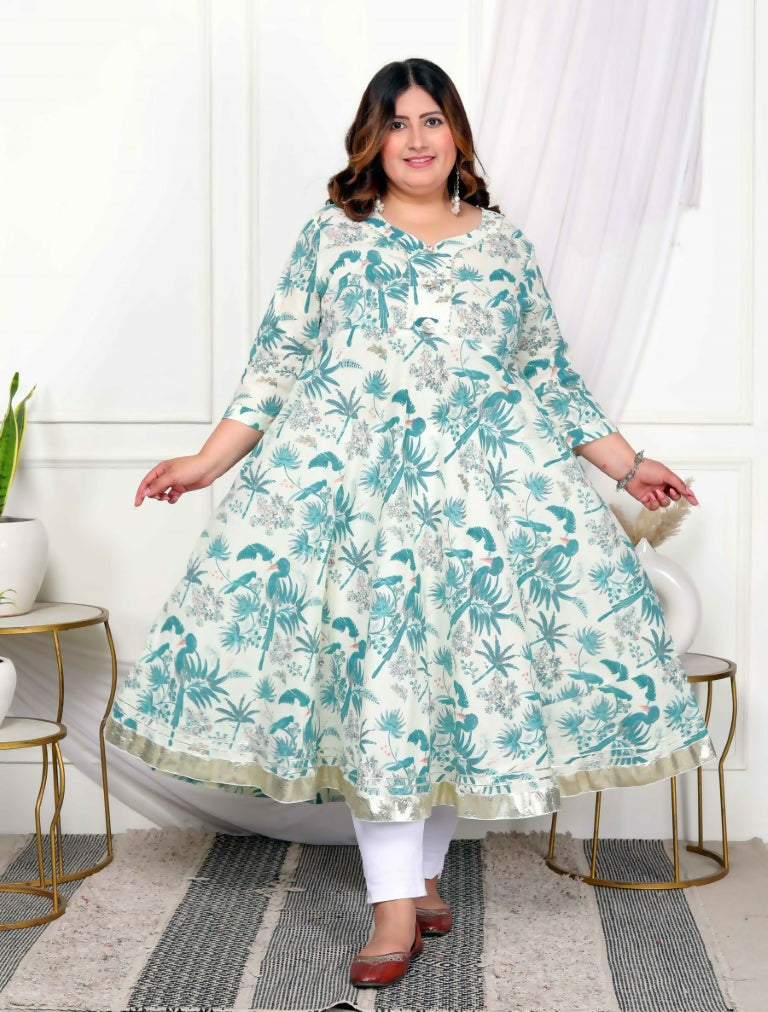 Miravan Women's Plus Size Light Green Cotton Gota Patti And Lace Border Details Birds And Leaf Floral Printed Anarkali Kurta | Grocsy