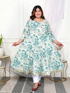 Miravan Women's Plus Size Light Green Cotton Gota Patti And Lace Border Details Birds And Leaf Floral Printed Anarkali Kurta | Grocsy