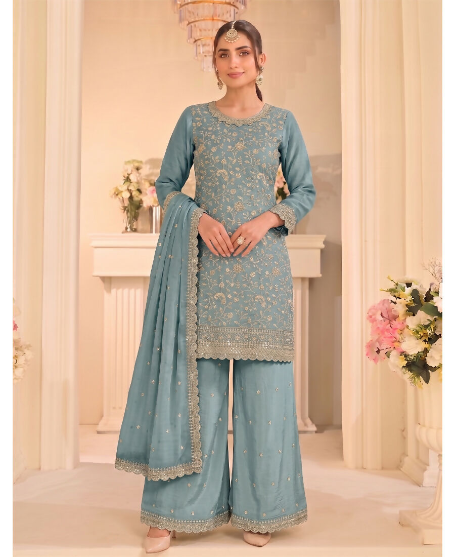KC Sky Blue Vichitra Silk Palazzo Suit For Women Festival Wear | Grocsy