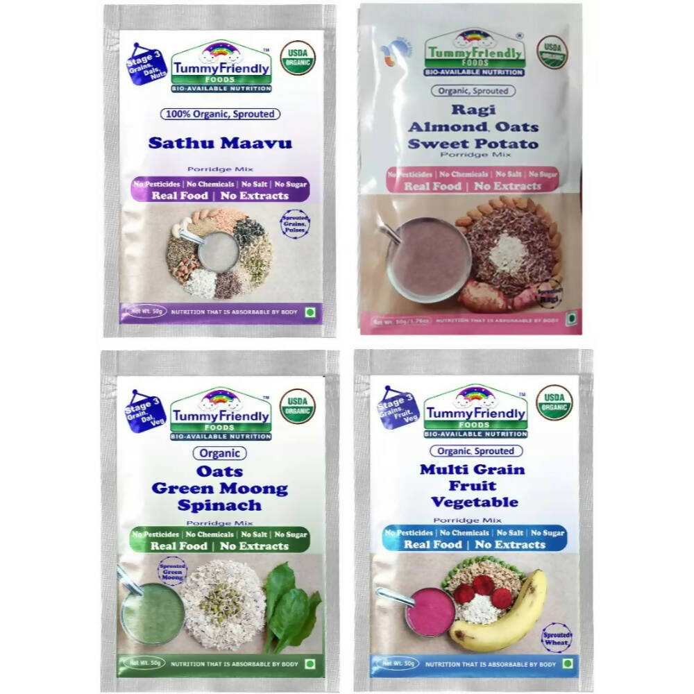 TummyFriendly Foods Certified Stage3 Porridge Mixes Trial Packs - Ragi, MultiGrain, Oats, Sathu Maavu for 8 Months Old Baby | Grocsy