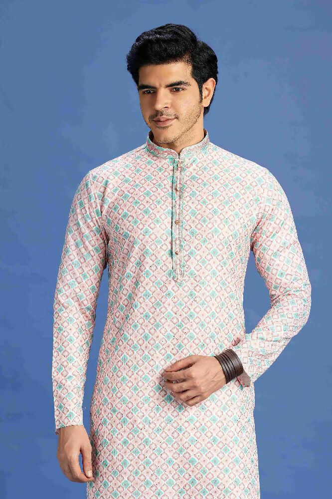 Raivat Ethnic Cotton Embroidery Kurta Pajama In Peach Colour | Grocsy