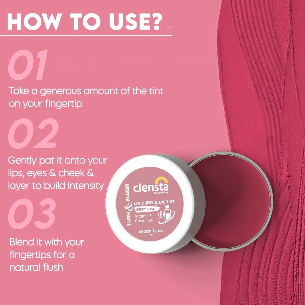 Clensta Lip Cheek Tint - Berry Bliss with Goodness of Vitamin E & Castor Oil | Grocsy