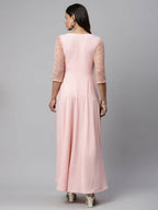 Ahalyaa Women Pink Crepe & Net Foil Print Dress | Grocsy