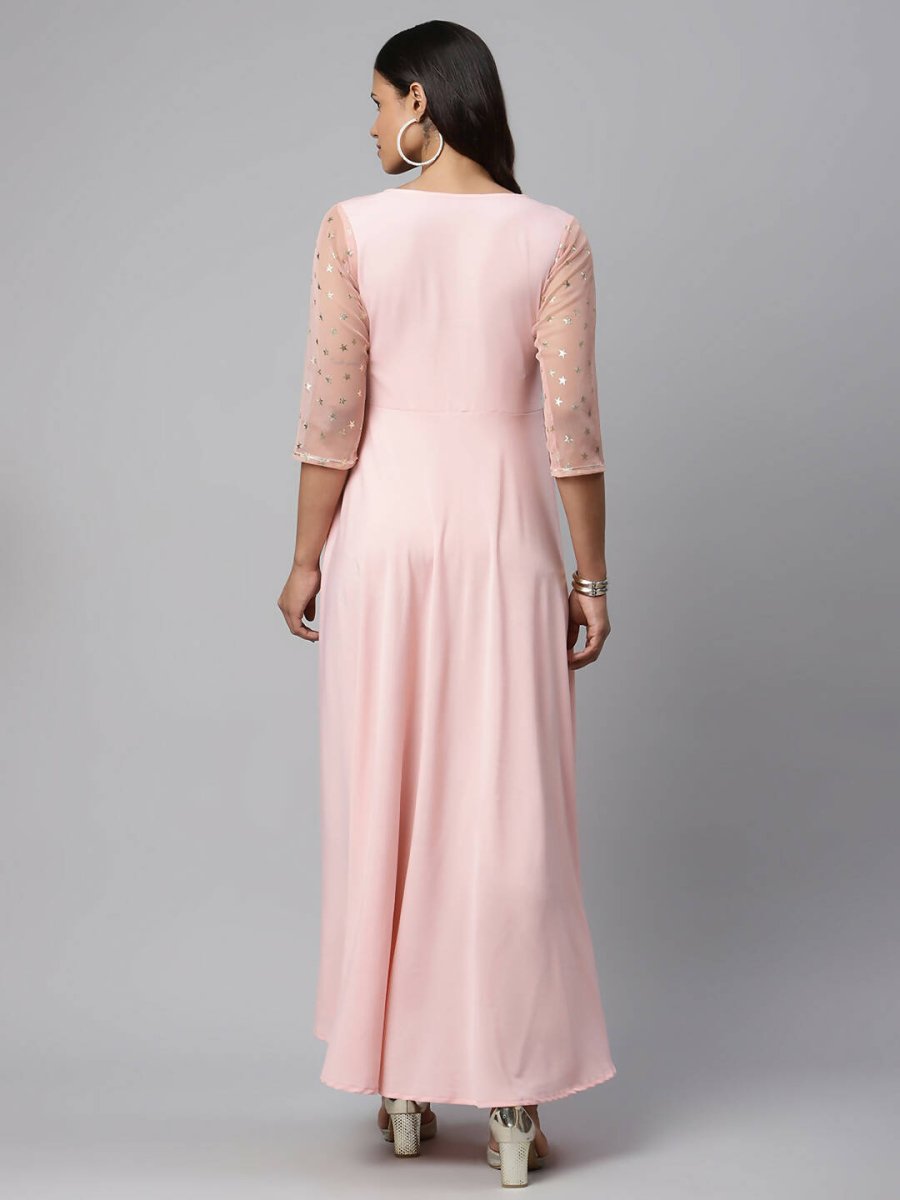 Ahalyaa Women Pink Crepe & Net Foil Print Dress | Grocsy