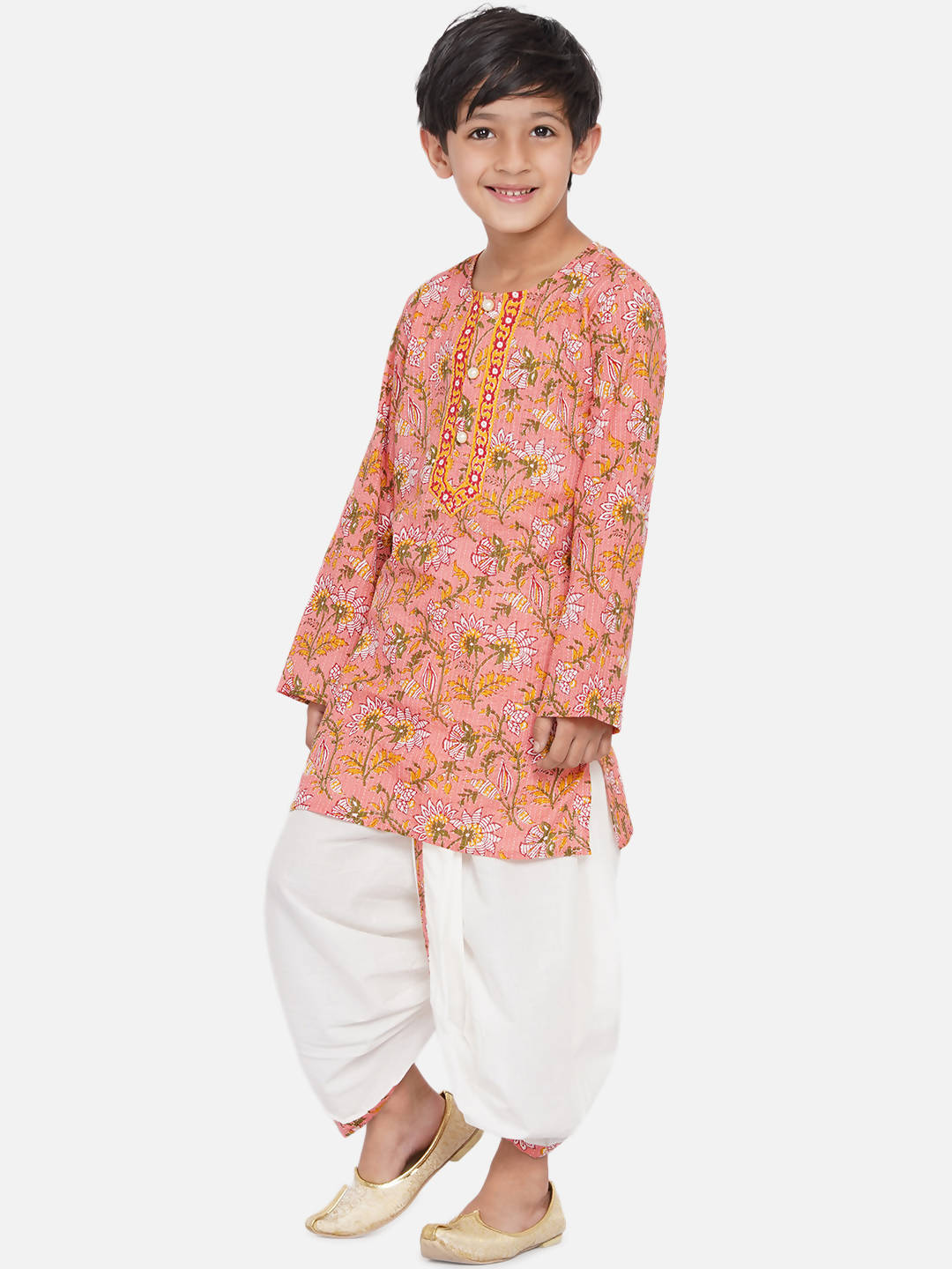 Little Bansi Boys Bengali Kantha work floral kurta & Dhoti - Pink & White | Grocsy