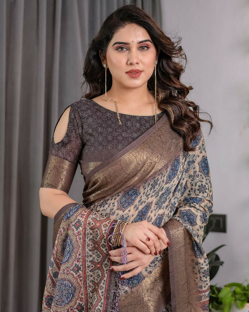 PR Fashion Grey Pure Handloom Linen Saree | Grocsy