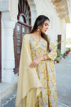 Vaasva Women Yellow Muslin Embroidered Kurta, Pant & Dupatta Set | Grocsy
