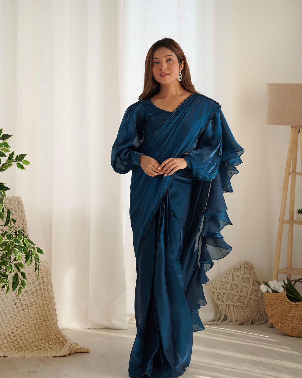 Teeya Creation Blue Color Zimichhu Silk Ready To Wear Saree | Grocsy