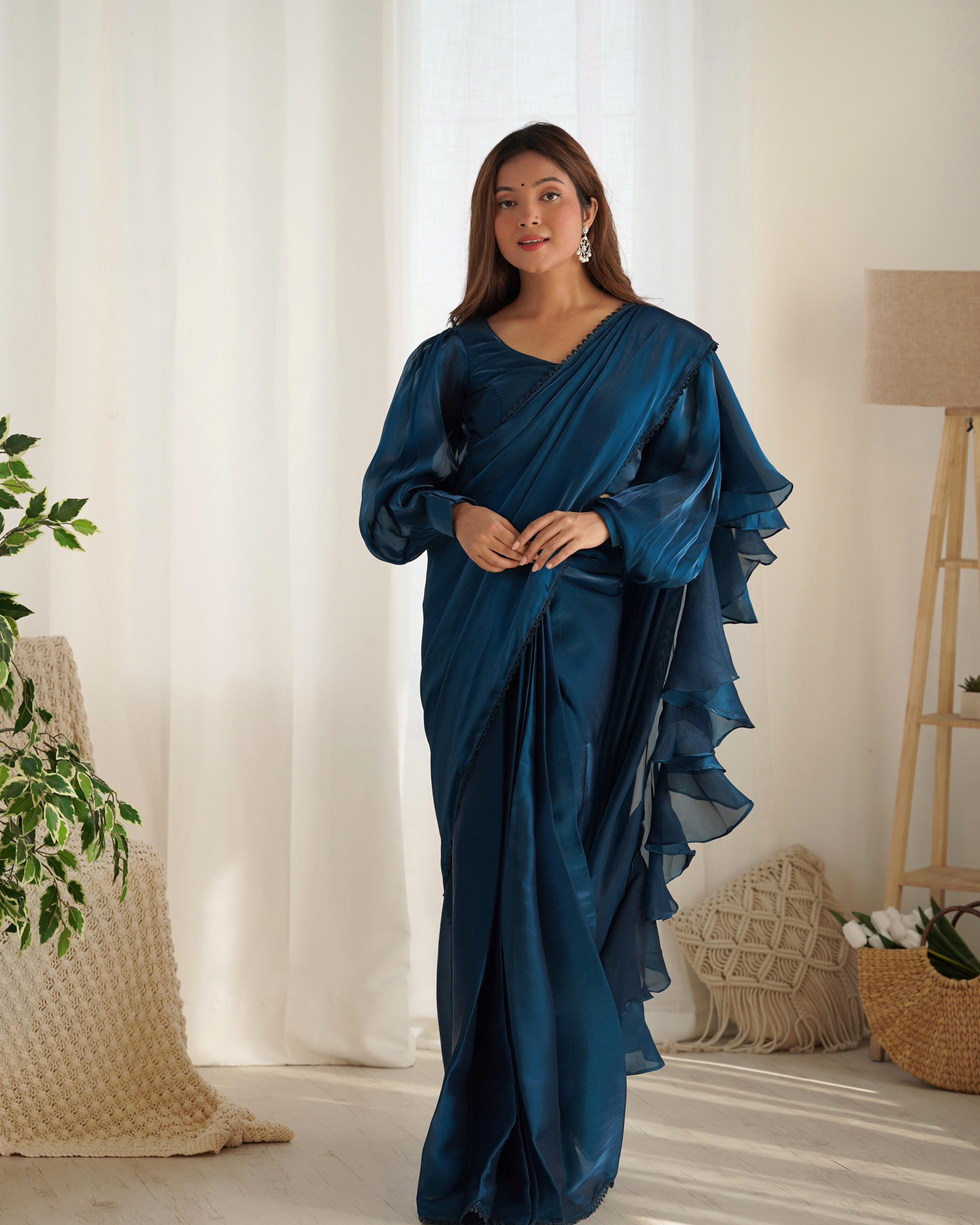 Teeya Creation Blue Color Zimichhu Silk Ready To Wear Saree | Grocsy