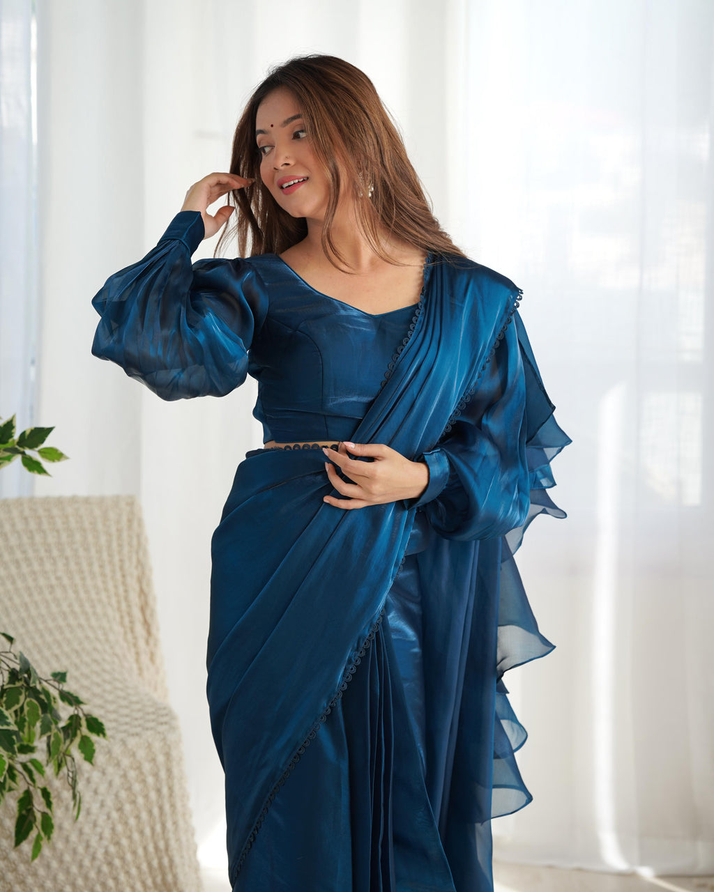 Teeya Creation Blue Color Zimichhu Silk Ready To Wear Saree | Grocsy