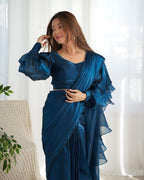 Teeya Creation Blue Color Zimichhu Silk Ready To Wear Saree | Grocsy