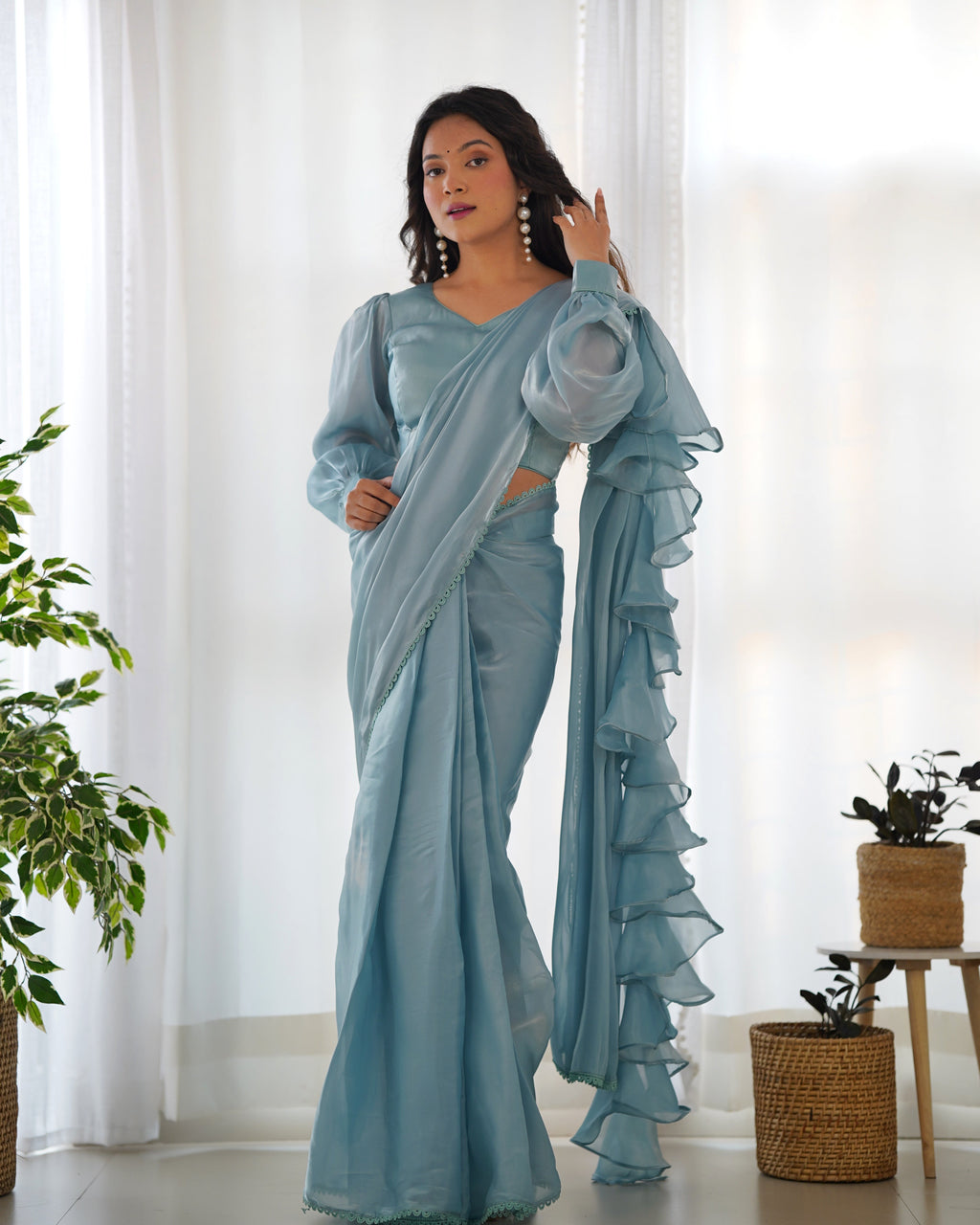 Teeya Creation Sky Color Zimichhu Silk Fully Stitched Ready To Wear Saree | Grocsy