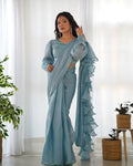 Teeya Creation Sky Color Zimichhu Silk Fully Stitched Ready To Wear Saree | Grocsy