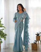 Teeya Creation Sky Color Zimichhu Silk Fully Stitched Ready To Wear Saree | Grocsy
