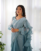 Teeya Creation Sky Color Zimichhu Silk Fully Stitched Ready To Wear Saree | Grocsy