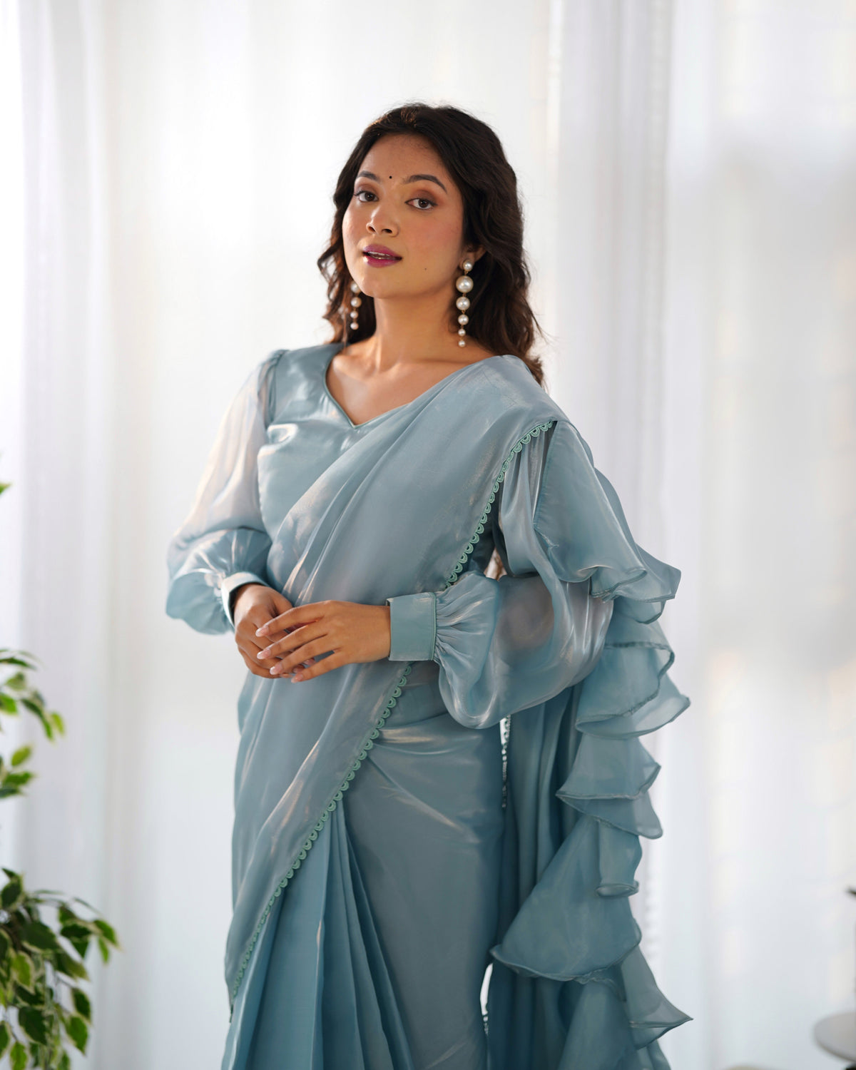 Teeya Creation Sky Color Zimichhu Silk Fully Stitched Ready To Wear Saree | Grocsy