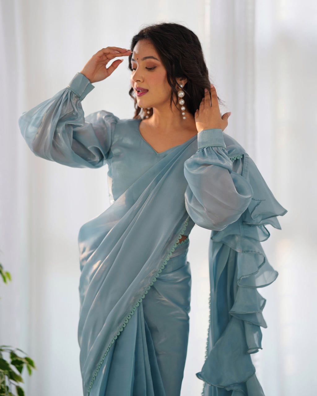 Teeya Creation Sky Color Zimichhu Silk Fully Stitched Ready To Wear Saree | Grocsy