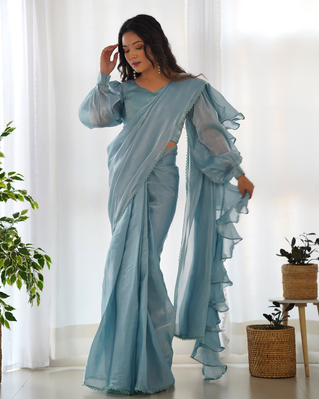 Teeya Creation Sky Color Zimichhu Silk Fully Stitched Ready To Wear Saree | Grocsy