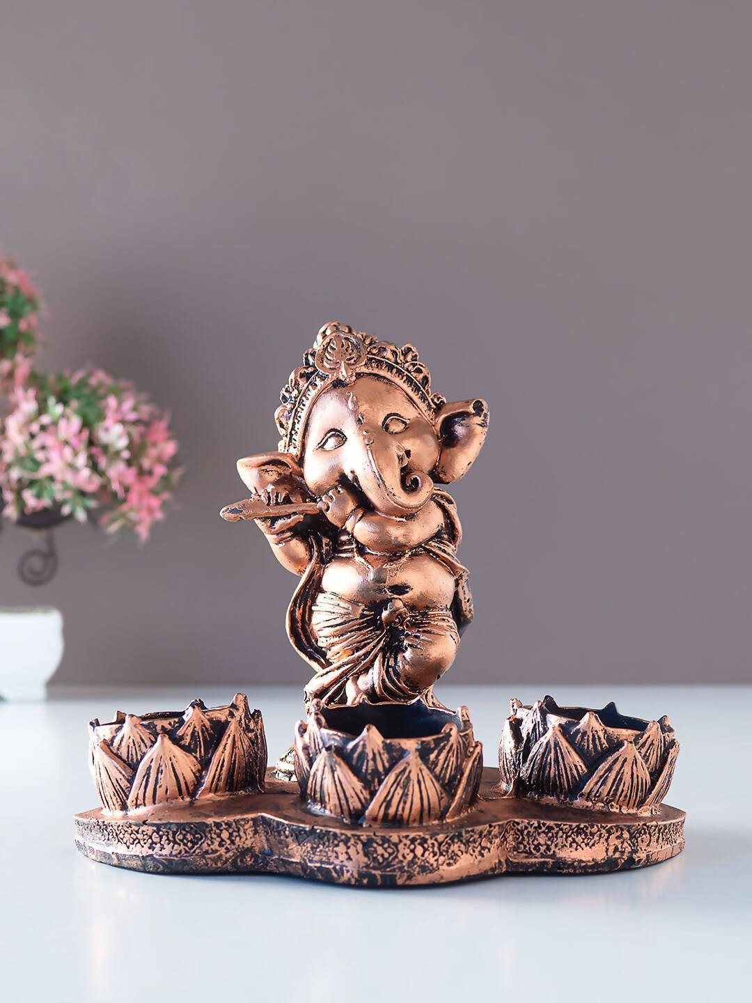 Golden Peacock Brown Ganesha Diya Holder | Grocsy