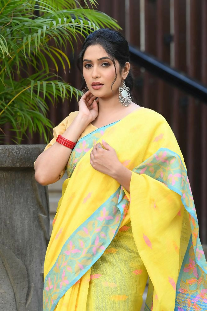 Beatitude Yellow Slub Cotton Floral Jamdani Saree | Grocsy