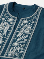 Teal Chinon Floral Embroidered Top with Bottom - Maanushi | Grocsy