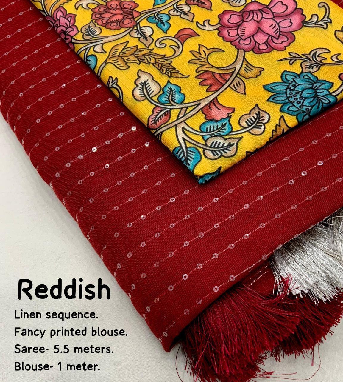 Red Linen Sequence Saree with Unstitched Blouse - Hiral Fashion | Grocsy