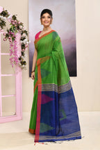 Piyari Fashion Women's Green Temple Border Embellished Cotton Blend Jamdani Saree | Grocsy