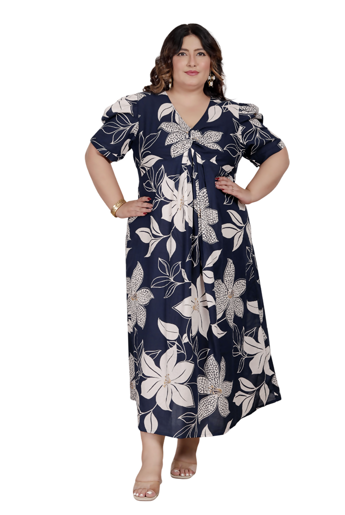 Miravan Womens Plus Size Blue Flower Printed Puff Sleeve Cotton Butterfly Maxi Dress | Grocsy