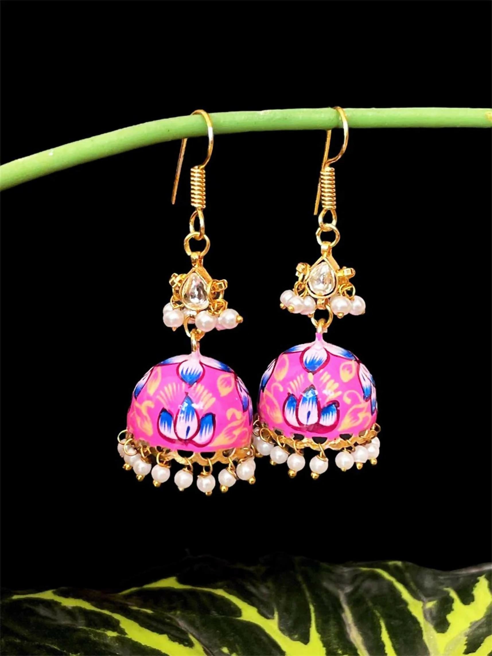 Joban Fashion Pink Brass Meenakai Hand Painted Jhumka With Pachi Kundan Earring | Grocsy