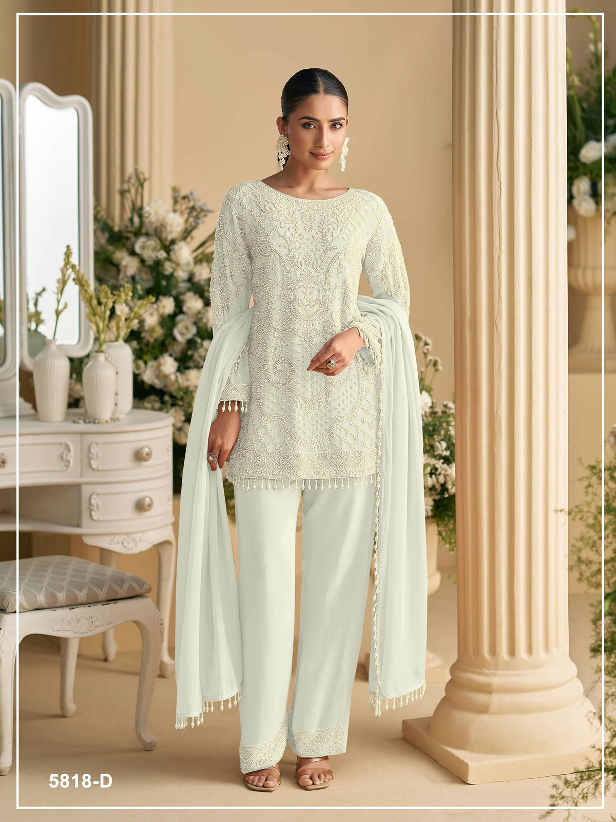 Anaita White Georgette Stitched Suit with Embroidered Beads & Sequence Work | Grocsy