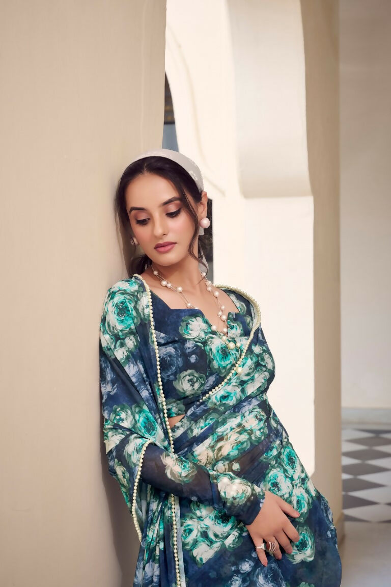 Vastranavya Navy Blue Weightless Marble Printed & Pearl Lace Border Saree with Unstitched Blouse | Grocsy