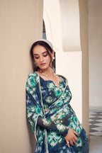 Vastranavya Navy Blue Weightless Marble Printed & Pearl Lace Border Saree with Unstitched Blouse | Grocsy