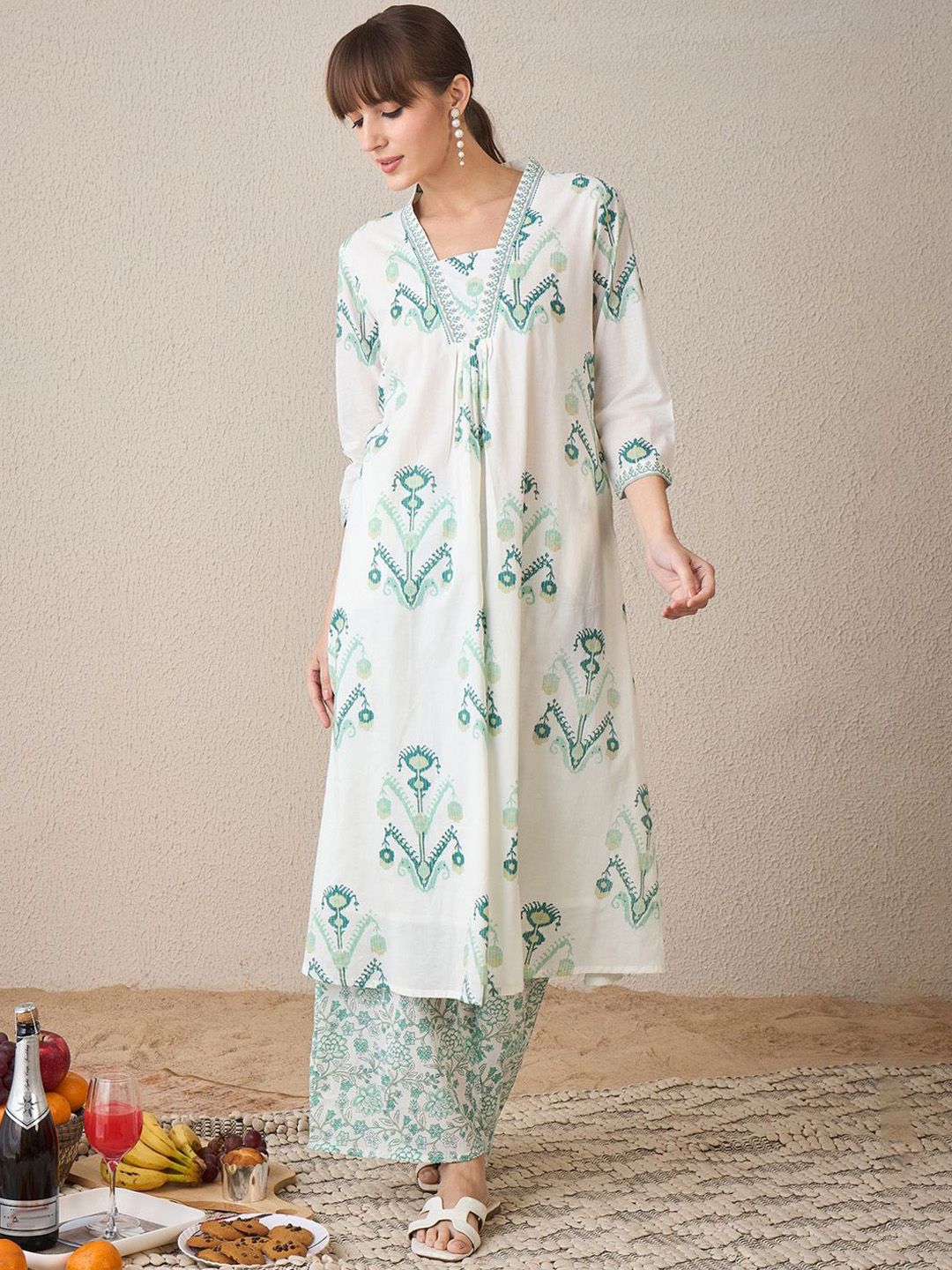Indo Era Women Floral Printed Regular Sequinned Pure Cotton Kurta with Palazzos | Grocsy