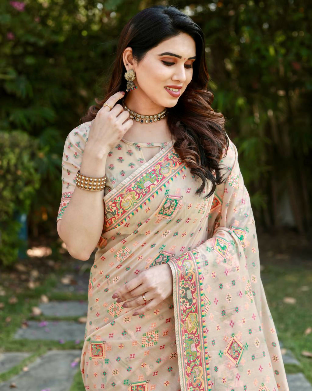 Vastranavya Luxury and Beautiful Soft, Smooth, Flowing Original Pashmina Soft Cotton Saree with Matching Blouse Fabric - Beige | Grocsy