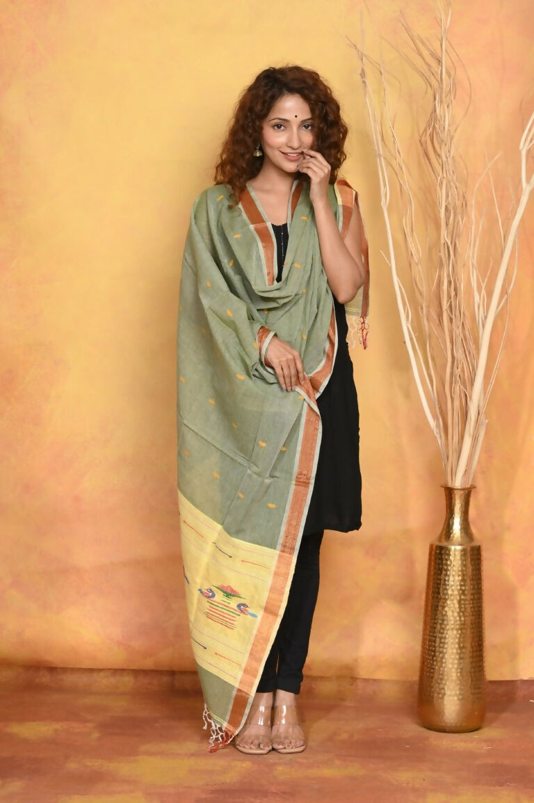 Very Much Indian Handloom Pure Cotton Paithani Dupatta - Green | Grocsy