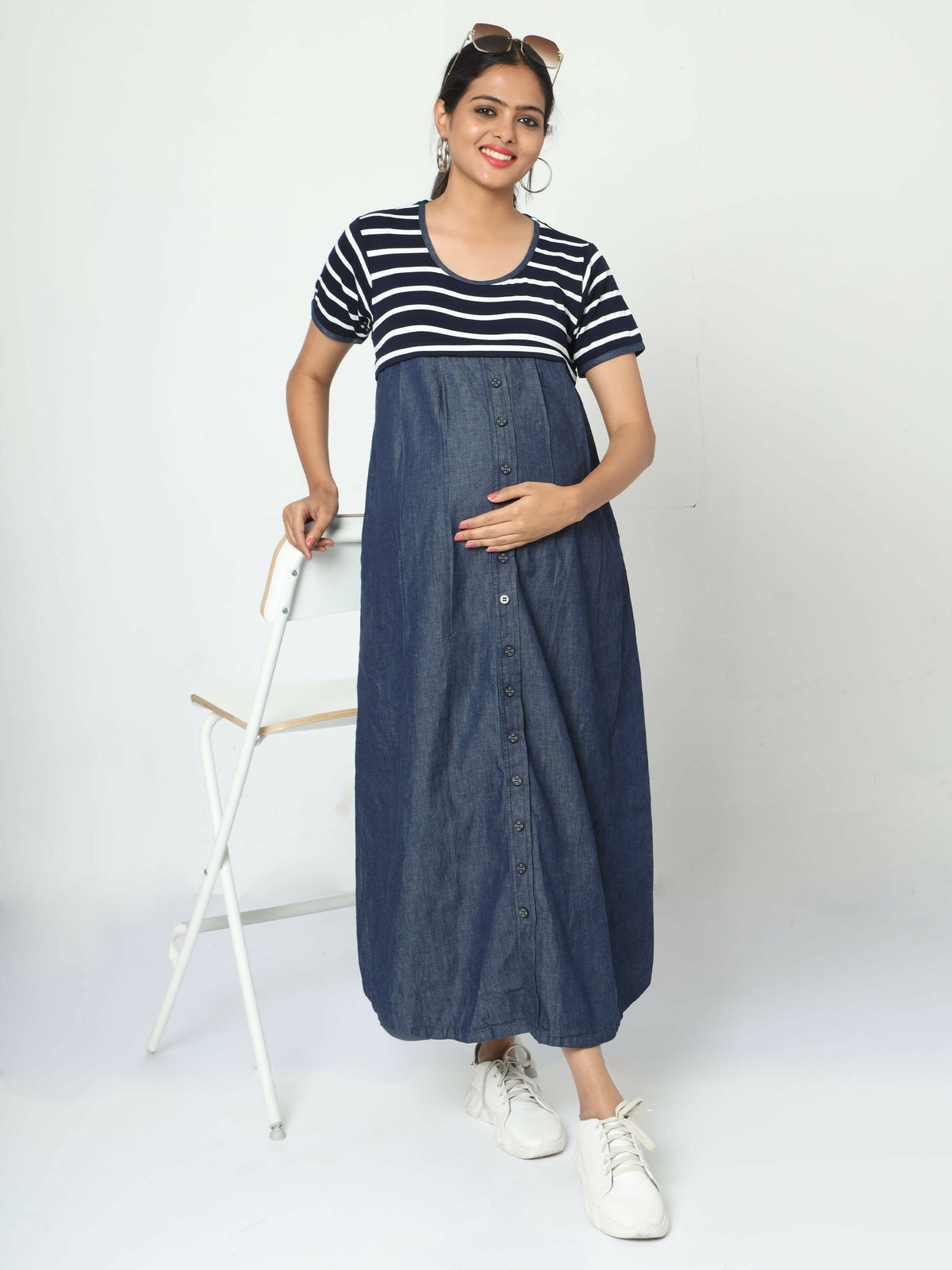 Manet Half Sleeves Maternity Dress White Striped With Concealed Zipper Nursing Access - Navy | Grocsy