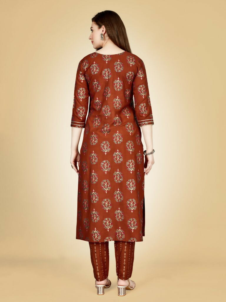 Jyoti Fashion Women's Rust Viscose Rayon Embroidered Kurta Pant Set | Grocsy