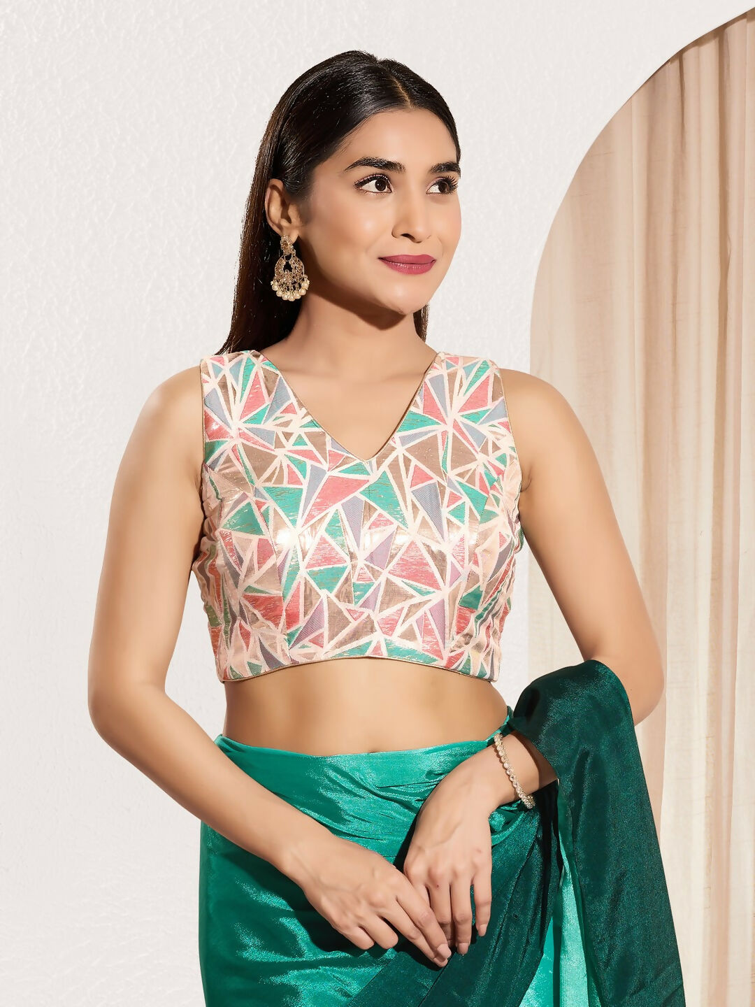 Joban Fashion Pink Jacquard Padded Blouse With V Neck Sleeveless | Grocsy