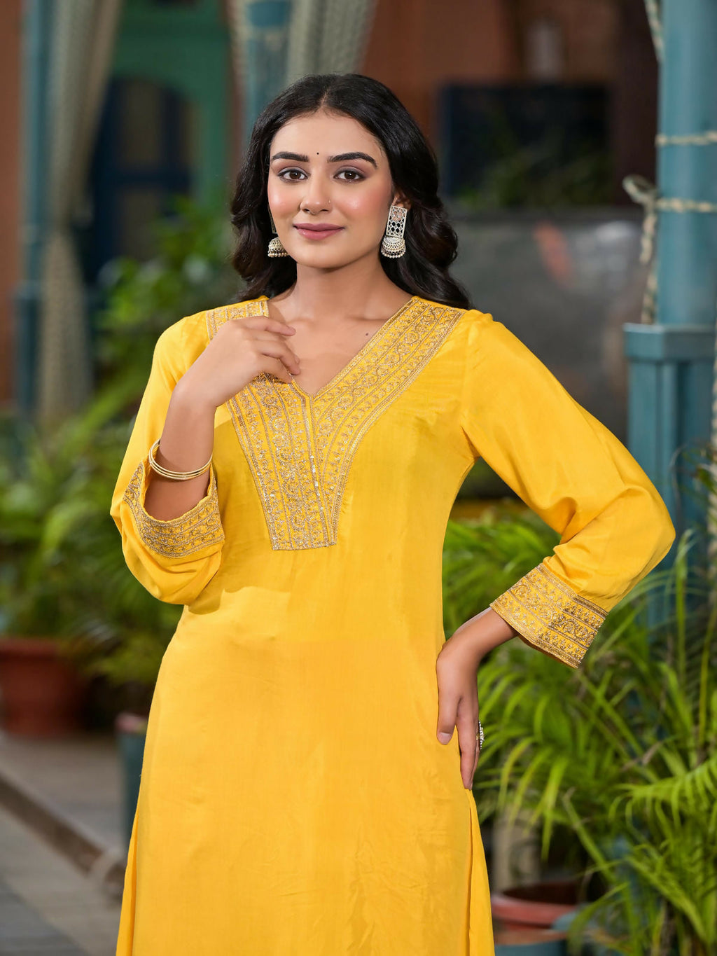 Juniper Women's Yellow Solid Viscose Kurta & Pant Set With Zari Work & Sequins | Grocsy