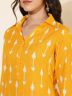 Janasya Women's Yellow Cotton Ikkat Printed Casual Straight Co-ords | Grocsy
