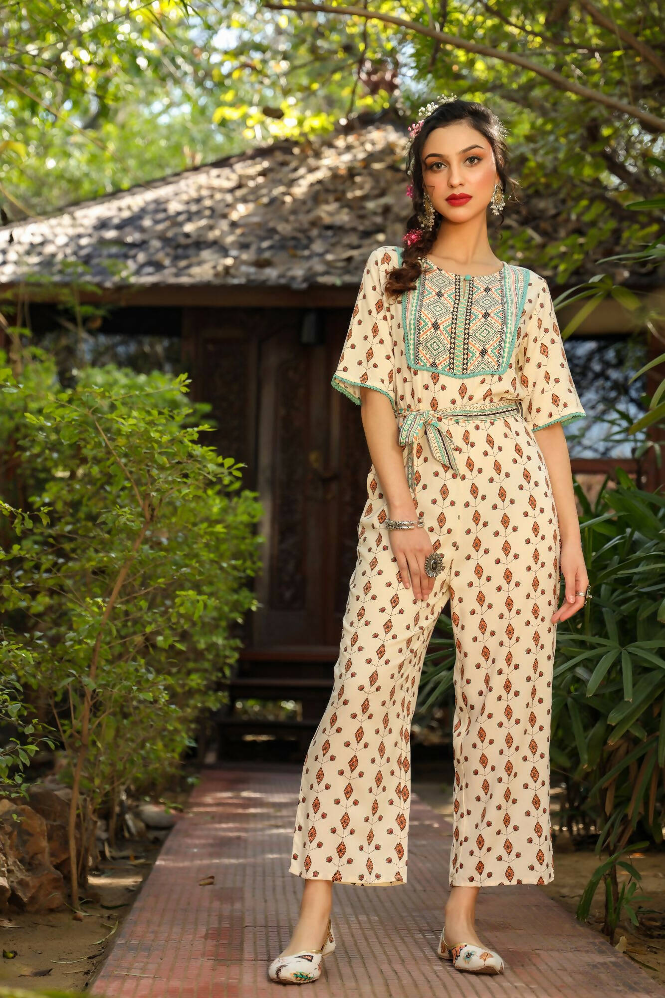 Juniper Women Ivory Rayon Printed Straight Jumpsuit | Grocsy