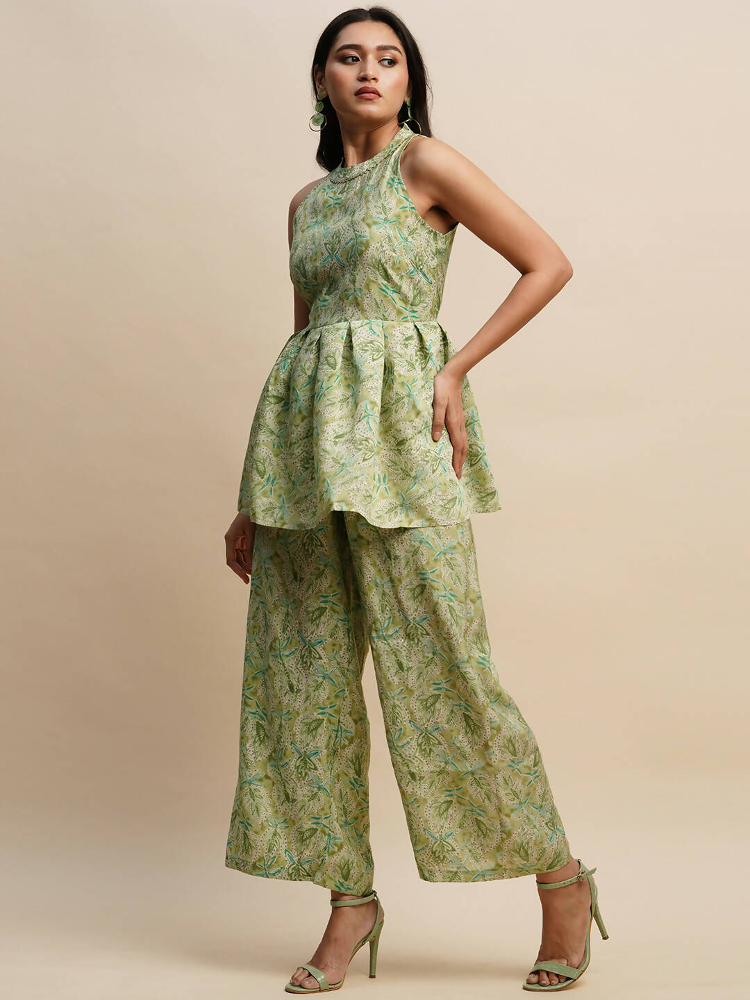 Green Poly Rayon Floral Printed Top with Matching Trouser - Shivani | Grocsy