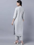 Myshka Stylish Grey Viscose 3/4 Sleeve Women's Kurta Pant Set | Grocsy