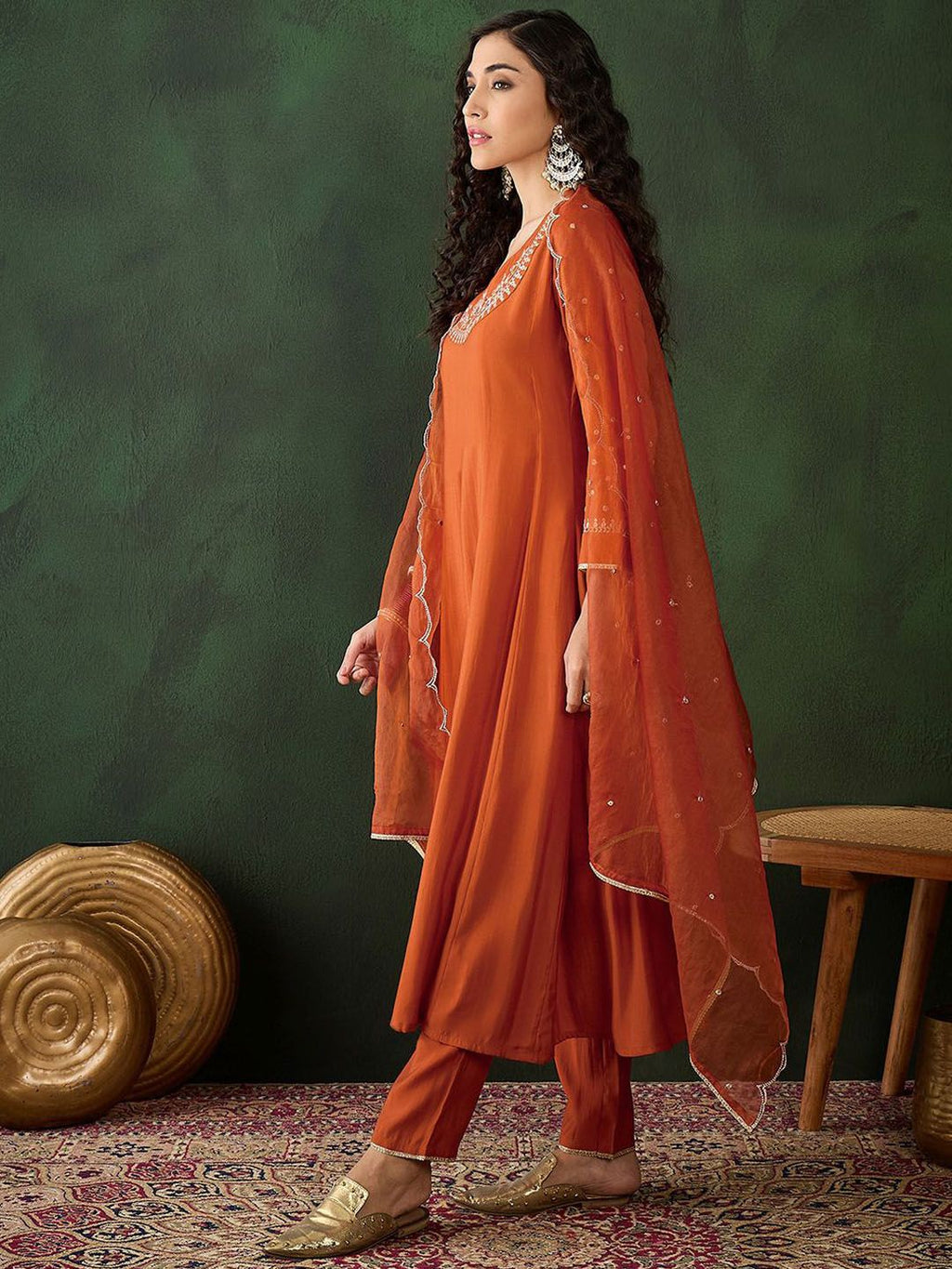 Sangria Embroidered A-Line Kurta & Trousers With Dupatta | Grocsy