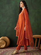 Sangria Embroidered A-Line Kurta & Trousers With Dupatta | Grocsy