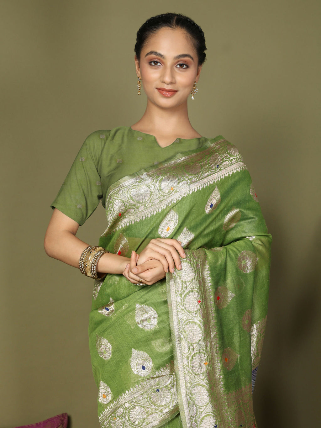 Shree Shyam Fashion Linen Cotton Green Saree | Grocsy