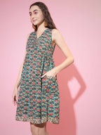 Myshka Women's Green Floral Printed A-Line Dress | Grocsy