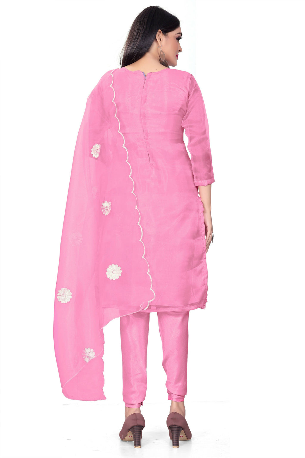 Pink Organza Silk Embroidered Work Unstitched Dress Material - Tanvi | Grocsy
