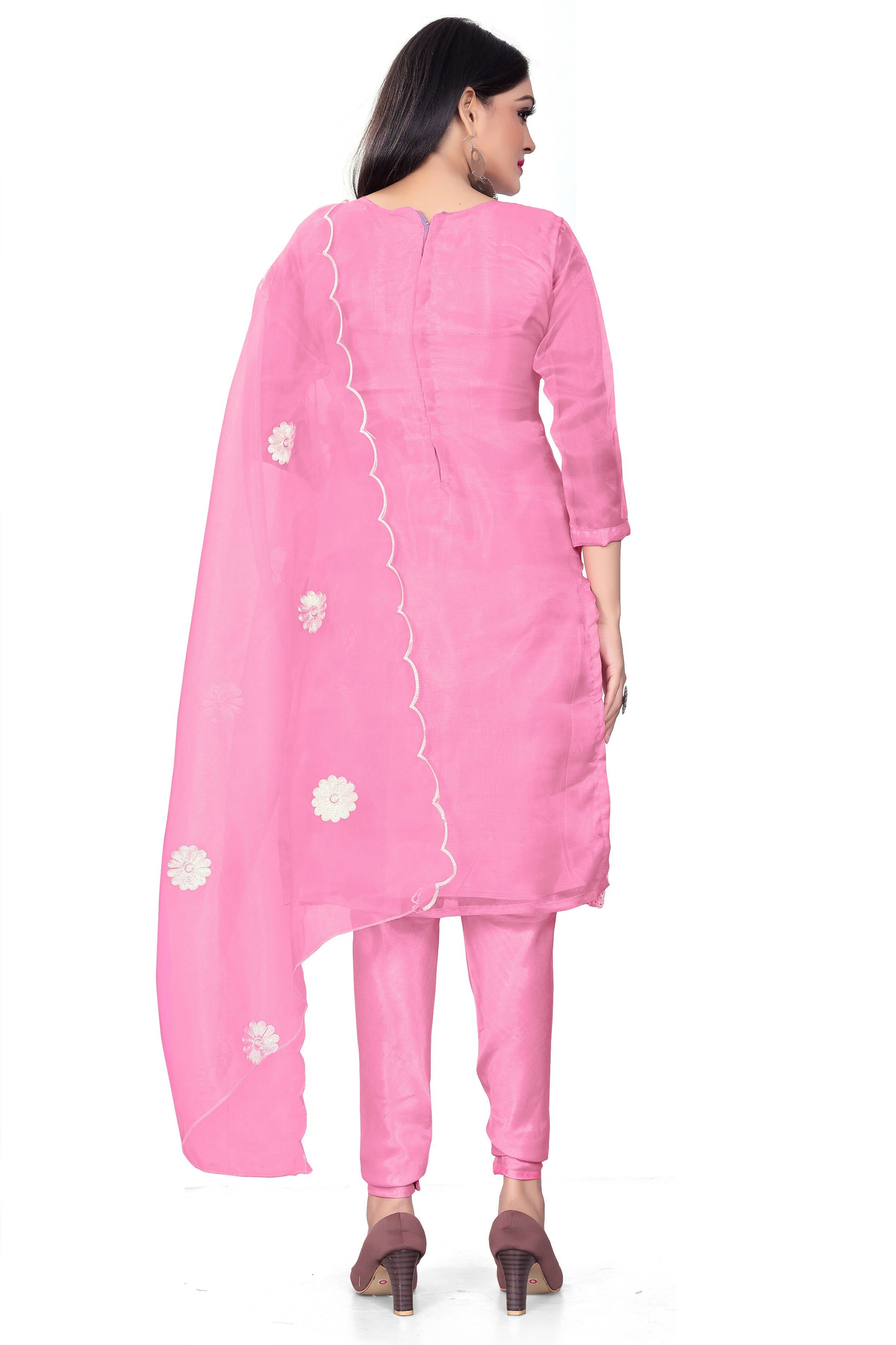 Pink Organza Silk Embroidered Work Unstitched Dress Material - Tanvi | Grocsy